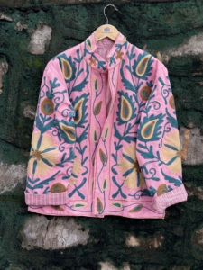 Pink Floral Paisley <b>Velvet</b> Sujani <b>Jacket</b> <b>Women</b> Handmade Cotton Embroidery Heart Print Traditional Indian Autumn Winter Outerwear - Product Image 1