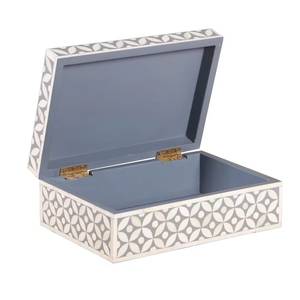 Caja de Almacenamiento de Madera con Incrustaciones de Hueso Hechas a Mano, Patrón Geométrico Gris Blanco, Tapa con Bisagras, Organizador de Joyas - Product Image 1