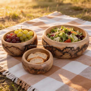 Juego de Tazones de Madera Hechos a Mano con Acabado Fractal Quemado, Estilo Rústico, Bohemio y Campestre - Product Image 1