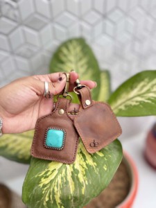 New Arrival 2026 Genuine Leather Key Rings Real Leather Turquoise Stone Western Stylish Key Chain Hot Sale <b>Mini</b> Bag - Product Image 4