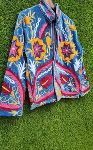 Boho Embroidery Denim Kimono <b>Cardigan</b> Long Sleeve Loose Fit Floral Pattern Hand Embroidered Casual Wear Spring Style - Product Image 1