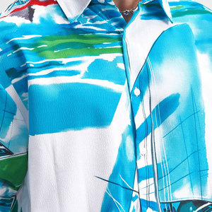เสื้อเชิ้ตฮาวายแขนสั้นพิมพ์ลายสีน้ำเงินสำหรับผู้ชาย ปกคอพับได้ เหมาะสำหรับใส่ในช่วงวันหยุดฤดูร้อน ผ้าป๊อปลินระบายอากาศได้ดี - Product Image 6