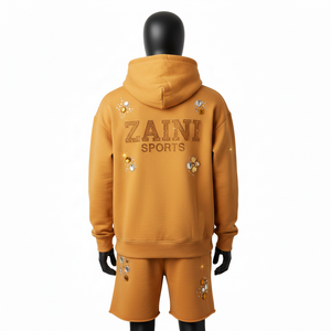 Ensemble sweat à capuche et short en coton polyester épais GSM pour homme, couleur moutarde, avec logo thermocollé en strass de luxe - Product Image 2