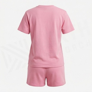 Ensemble de shorts en tricot rose pour femmes, 2 pièces, t-shirt à manches courtes col rond et shorts au-dessus du genou, couleur unie décontractée, printemps été - Product Image 2