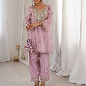 Telas Premium H O con bordados de espejo reales, Kurti-pant listo para usar con Batwa - Product Image 1