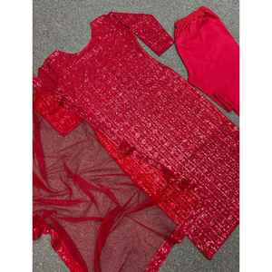 ผ้าจอร์เจียเจ็ตปักลวดลายตามสมัยนิยมมีสีแดงเข้ม - Product Image 2