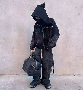 “Men’s Boxy Baggy Cropped Hoodie & Zip-Up <b>Jacket</b> – Acid Wash, Embroidery, <b>Rhinestone</b>, Sun-Faded Diamond Design - Product Image 6