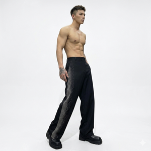 Pantalones Anchos Negros para Hombre con Franja Lateral de Pedrería, Cintura Alta, Estilo Urbano - Product Image 1