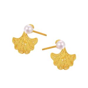 Luxury Retro Ginkgo Leaves Mantou <b>Pearl</b> <b>Earrings</b> Sterling Silver Filigree Hollowed Out Jewelry Perfect Gifts - Product Image 5