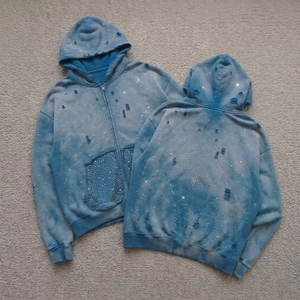 Sudadera con capucha extragrande personalizada de peso pesado con diseño de estrellas de diamantes de imitación, efecto desgastado vintage, con cremallera, proveedor de ropa OEM de marca privada - Product Image 1