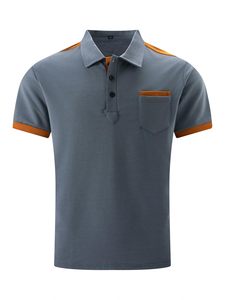 Polo pour homme bleu uni en maille à manches courtes avec poche, style décontracté color block, faible MOQ - Product Image 1