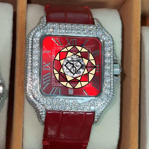 Montre de luxe carrée en acier inoxydable avec diamants de laboratoire, bracelet en cuir rouge, mouvement à quartz analogique, chiffres romains, verre saphir - Product Image 2