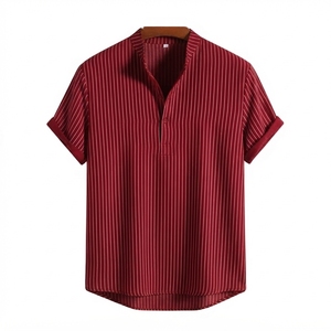 เสื้อเชิ้ตแขนสั้นลายทางสไตล์เฮนลีย์สำหรับผู้ชาย ผ้าฝ้ายผสม คอตั้ง สวมใส่สบายสำหรับฤดูร้อน - Product Image 6