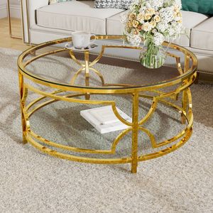 Lussuoso Tavolino da Caffè con Struttura in Metallo Geometrico e Piano in Vetro Temperato Rotondo 78 cm, Finitura Oro, Ripiano Inferiore Trasparente - Product Image 6