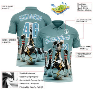 Camisa de bowling de rendimiento para hombre, personalizada, con estampado de calavera de espejo 3D azul sombreado y blanco, con bolsillo, de tela que absorbe la humedad, de manga corta. - Product Image 3