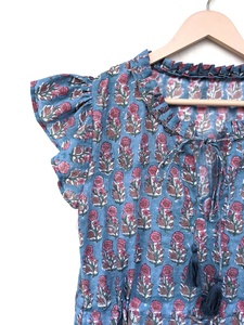 Robe courte bohème imprimée à la main, en gaze de coton indien, col rond, sans manches, imprimé floral, mini-robe pour femmes - Product Image 4
