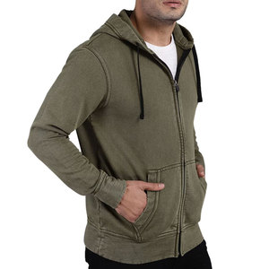 Sweat-shirt à capuche zippé vert olive pour homme, 100 % coton French Terry, coupe classique, décontracté, pour l'automne, effet délavé - Product Image 2