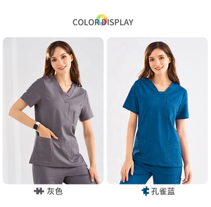 Women Blue V-Neck <b>Scrub</b> <b>Tops</b> With Pockets Cotton Polyester Woven Hospital Uniforms - Product Image 6