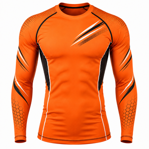 Camiseta Deportiva de Manga Larga para Hombre, Color Naranja, con Estampado Digital, Secado Rápido, Transpirable, de Spandex/Nylon, sin Costuras - Product Image 1