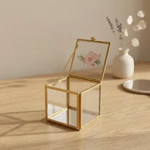 Artisan Design Modern <b>Square</b> Glass & Brass Jewelry Box with Gold Frame Decorative Storage for Vanity Dressing Tabletop Use - Product Image 3