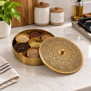 Ethnic Indian Brass Masala Dabba <b>with</b> Floral Engraved <b>Lid</b> and Spoon | Round Multi Bowl Spice Storage <b>Box</b> for Home Kitchen - Product Image 2