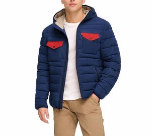 Men's Blue Puffer <b>Jacket</b> Red <b>Pocket</b> <b>Zipper</b> Front Windproof Casual Winter Outerwear Regular Fit Solid Color Fleece Lined Filled - Product Image 3