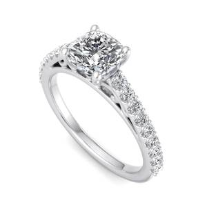 Anillo de compromiso de lujo de oro rosa con diamante talla cojín, banda pavé de puntas compartidas estilo catedral, joyería nupcial para mujer - Product Image 2