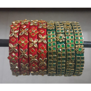 Luxury Red <b>Green</b> <b>Silk</b> Thread Bangles-Square Kundan Stone Work Kada Set-Traditional Indian Ethnic Jewelry-Handmade Wedding Favors - Product Image 1