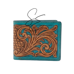 Turquoise Genuine <b>Leather</b> Bifold Wallet Handmade <b>Tooled</b> <b>Leather</b> Wallet Vintage Western Cowboy Wallet Men Gifts - Product Image 2
