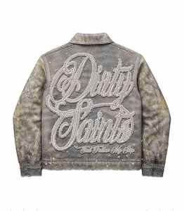 Fabricant direct d'usine de vestes : Nouvelle veste en jean vintage pour homme 2025 avec strass et effet vieilli, denim avec lavage personnalisé vieilli - Product Image 2