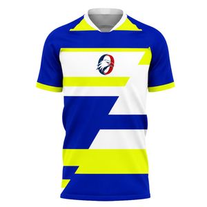 เสื้อฟุตบอลแขนสั้นสีน้ำเงินและสีเหลือง ดีไซน์ตัดกันโดดเด่น เหมาะสำหรับกีฬาทีมและการแข่งขัน - Product Image 1