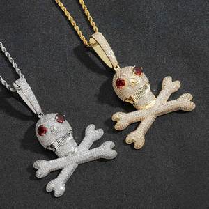 Most Selling Iced Skull Crossbones Pendant Necklace 18K Gold Plated Cubic Zirconia Pave Setting Men's Hip Hop <b>Rope</b> <b>Chain</b> Jewelry - Product Image 6
