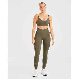 High Waist <b>Olive</b> <b>Green</b> <b>Leggings</b> Full Length Seamless Knitted Sporty Stretch Breathable Comfortable Women's Activewear - Product Image 4