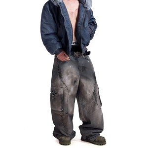 Jean cargo baggy en denim pour homme, coupe ample, jambe large, style streetwear, délavé, avec détails rivets, en coton épais, pantalon d'hiver - Product Image 1