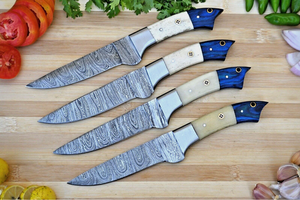 SM KNIVES Juego de Cuchillos para Carne de Acero de Damasco de Grado Industrial, Biselados, con Mango de Hueso, 4 Piezas, 9 Pulgadas de Largo, Kit de Cuero Personalizable - Product Image 2
