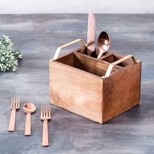 Premium Acacia Wood Cutlery <b>Caddy</b> with Side Metal Handles Multi Slot Tabletop Silverware Organizer for Indoor Outdoor Dining - Product Image 1