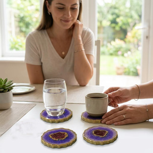 Sous-verres ronds classiques en résine écologique Ba, lot de 4, violet et or, antidérapants - Product Image 5