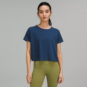 Camiseta Corta Informal de Algodón 100% para Mujer, Venta al por Mayor, Cuello Redondo, Color Gris Jaspeado, Manga Corta, Transpirable, de Secado Rápido - Product Image 6