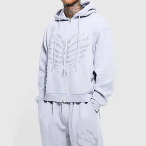 Conjunto Deportivo Gris con Capucha para Hombre, Sudadera con Cremallera Completa, Ropa Casual Estilo Otoño, 100% Algodón, Diseño de Esqueleto en Relieve - Product Image 4