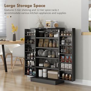 Modern Freestanding <b>Kitchen</b> <b>Pantry</b> Cabinet 12 Door Shelves with 5 Tier Shelving Double Doors Durable MDF Wood Black in Color - Product Image 4