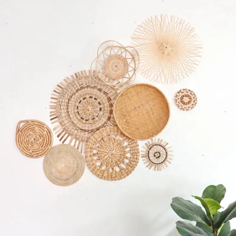 Cheapest! Set 10 of Flower Round Wall Hanging Decor Rattan Home Decoration Wholesale Price