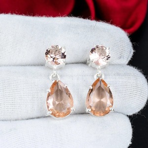 Morganite Pear Cut Drop Earrings 925 Sterling Silver Handmade Gemstone Dangle Earrings Boho Wedding Anniversary Birthday Gift - Product Image 1