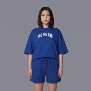 Ensemble deux pièces tricoté bleu pour femme, avec short et haut à capuche à manches courtes, coupe ample, couleur unie, décontracté, printemps-été, 100% coton respirant - Product Image 4