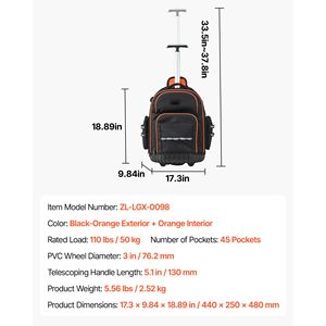 110 Lbs Load Capacity 45 Pockets <b>Rolling</b> <b>Tool</b> Backpack Adjustable Telescoping Handle PU Heavy Duty Roller <b>Tool</b> <b>Bag</b> Zipper - Product Image 5