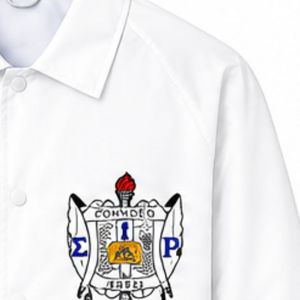 Chaqueta de la hermandad Sigma Gamma Rho con diseño de escudo negro, personalizada con letras griegas SGRho, ropa de hermandad, cremallera completa, estilo universitario informal. - Product Image 5