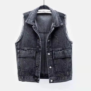 Gilet en jean respirant à capuche pour homme, sans manches, veste courte en jean, gilet boutonné en coton, vêtement d'extérieur décontracté et tendance, grande taille - Product Image 6
