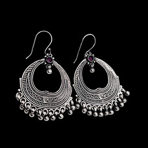 <b>Silver</b> Mountain Vintage Oxidized <b>Sterling</b> <b>Silver</b> Garnet Tribal <b>Hoop</b> Dangle <b>Earrings</b> Women Handmade Ethnic Boho Engagement - Product Image 3