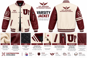 Veste universitaire personnalisée en crème avec manches en cuir bordeaux, veste bomber brodée, fabricant OEM de streetwear - Product Image 5