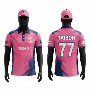 Camiseta de Cricket para Hombre, 240 GSM, Poliéster Premium Transpirable Tipo Bird Eye, Manga Corta, Rosa y Azul Marino, Paneles en Contraste, Logotipo Personalizado OEM - Product Image 1