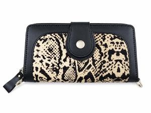 Portefeuille-pochette à fermeture éclair en cuir véritable à imprimé serpent pour femme avec fermeture à pression - Product Image 1